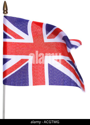 Un union jack flag al vento su sfondo bianco Foto Stock