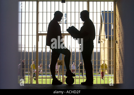 RE PRIGIONE RELAZIONE DEGLI ISPETTORI IN HMP E YOI ASHFIELD vicino a Bristol una custodia OFFICER TRATTATIVE PER UN REATO prima di un campo di calcio Foto Stock