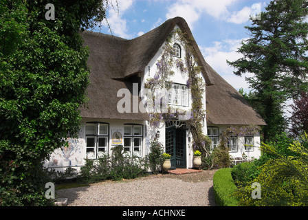 Tipica con tetto in paglia in casa Keitum, Sylt, Schleswig Holstein, Germania Foto Stock