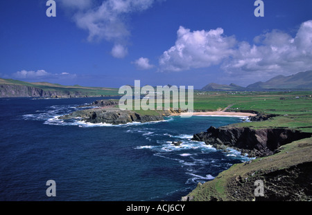 Vista verso la spiaggia di Clogher dalla testa di Clogher. Penisola di Dingle, nella contea di Kerry, Irlanda. Foto Stock