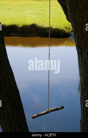 Swing corda appesa sopra la Highland flusso di acqua a Balmer Lawn Brockenhurst nuova foresta Foto Stock