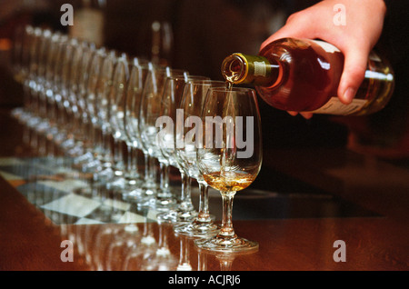 Una lunga fila di degustazione vino bicchieri essendo riempita con il vino Sauternes su un tavolo di legno con una mano che tiene la bottiglia e versando al momento del raccolto, Chateau La Tour Blanche, Sauternes, Bordeaux Aquitania Gironde, Francia, Europa Foto Stock