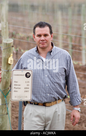 In vigna un cartello che diceva lo Chardonnay, Roberto Schroeder, il proprietario e direttore. Bodega Familia Schroeder Cantina, chiamato anche Sauro, Neuquen, Patagonia, Argentina, Sud America Foto Stock