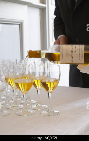 Aperitivo servito nella sala di ingresso, un vetro di colore giallo dorato di Chateau de Cerons versata in un bicchiere da un magnifico butler cameriere Chateau de Cerons (Cérons) Sauternes Gironde Aquitaine Francia Foto Stock