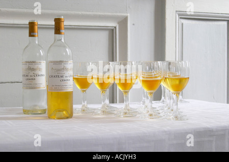 Aperitivo servito nella sala di ingresso, un vetro di colore giallo dorato di Chateau de Cerons Chateau de Cerons (Cérons) Sauternes Gironde Aquitaine Francia Foto Stock