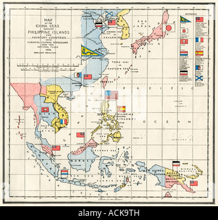 Mappa del Mare di Cina, il Filippine, e colonie europee nel sud-est asiatico regione 1898. Litografia a colori Foto Stock