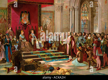 Columbus accolti da Re Ferdinando e la regina Isabella al suo ritorno in Spagna dal Nuovo Mondo. Litografia a colori Foto Stock