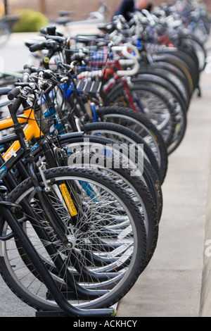 Fila di biciclette in un portabiciclette su un campus universitario Stanford in California Foto Stock