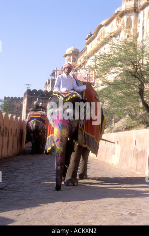 Elephant discesa dopo il trasporto di turisti fino alla rampa di Forte Amber vicino a Jaipur India Rajasthan Foto Stock