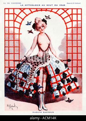 Madame Bacco la leggenda del gusto del giorno un vinoso autunno riflesso in un francese 1920s illustrazione Foto Stock