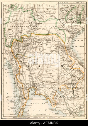 Mappa di Siam ora la Tailandia e gli indipendenti Shan Stati,1870s. Litografia a colori Foto Stock