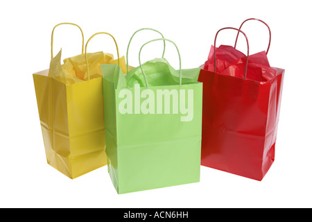 Tre colorate buste regalo ritagliata su sfondo bianco Foto Stock