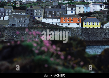 Case colorate situato sulla scogliera di avvolgimento edge si affacciano sul pittoresco porto di Mevagissey Foto Stock