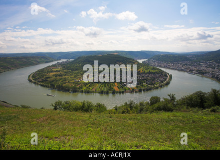 Vista unica di un ferro di cavallo ansa del fiume Reno vicino a Boppard in Germania. Foto Stock