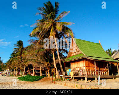 Palm Tree e bungalow in legno su Sunrise Beach Ko Pha Ngan isola della Thailandia Foto Stock