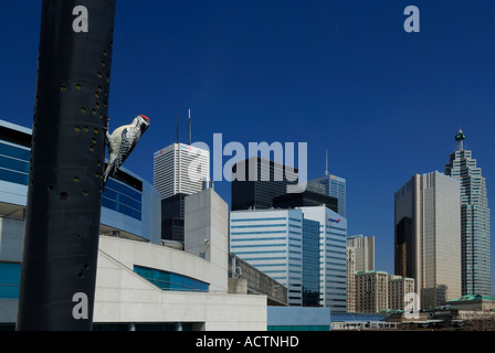 Picchio lanuginosa la scultura al Centro Congressi di Toronto con lo skyline della città di alta crescita finanziaria e torri di cielo blu Foto Stock