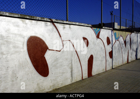 Graffiti graf urban scrawl arte moderna arte spraypaint anti criminalità sociale danni criminali atti di vandalismo bomboletta di vernice spray barcelona barca Foto Stock