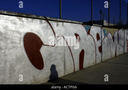 Graffiti graf urban scrawl arte moderna arte spraypaint anti criminalità sociale danni criminali atti di vandalismo bomboletta di vernice spray barcelona barca Foto Stock