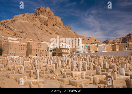 Vista la tradizionale Tarim cimitero musulmano nei pressi di Sayun Yemen Foto Stock