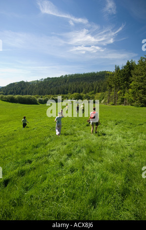 Gruppo di bambini a piedi attraverso il verde erba in un campo del Hafod station wagon pontrhydygroes ceredigion mid Wales UK, giorno di estate Foto Stock