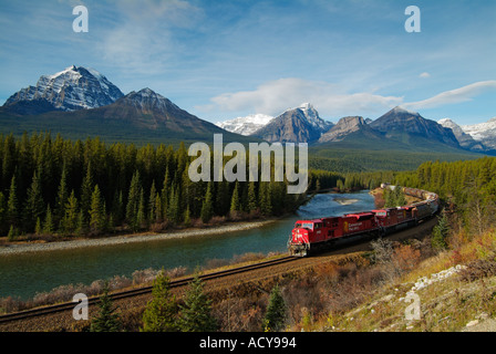 Canadian Pacific treno merci a curva Morants vicino al Lago Louise Bow Valley Parkway Rockies Alberta Canada Foto Stock