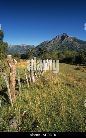 Recinzione attraverso prati, Cerro de los Angeles in background, Lanin National Park, Neuquen Provincia, Argentina Foto Stock