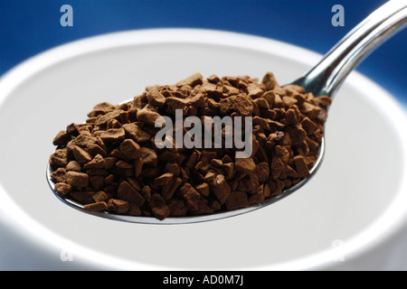 Dettaglio mostrante caffè liofilizzato in granuli su un cucchiaio di metallo in procinto di essere collocata in un bianco tazza da caffè Foto Stock