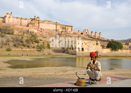 In orizzontale ampia angolazione di un serpente incantatore eseguendo con la sua Indian Spectacled cobra di fronte l'Ambra Palace. Foto Stock