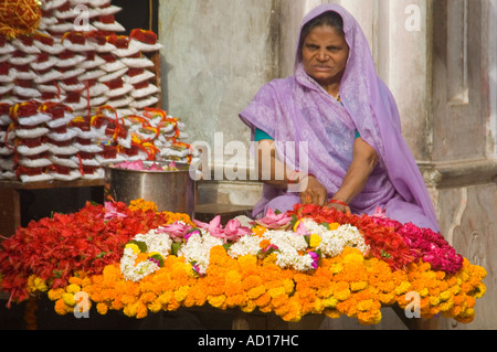 Ritratto orizzontale di una vecchia donna indiana vendita colorato luminosamente ghirlande di fiori al di fuori di un tempio Foto Stock