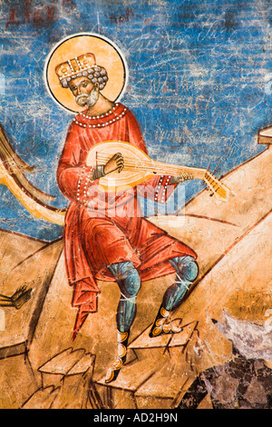 Parte del giudizio ultimo affresco sulla parete, Monastero di Voronet, vicino a Gura Humorului, Bucovina, Moldavia, Romania Foto Stock