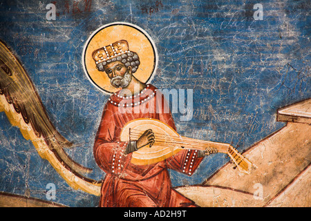 Parte del giudizio ultimo affresco sulla parete, Monastero di Voronet, vicino a Gura Humorului, Bucovina, Moldavia, Romania Foto Stock