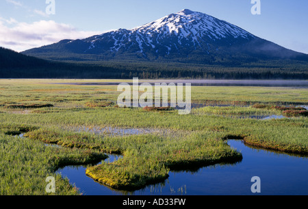 Una vista del lago di scintille e Mount Bachelor lungo la cascata Autostrada dei Laghi in Oregon centrale vicino alla città di piegare Foto Stock