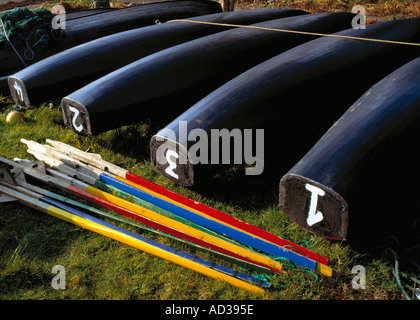 Racing currachs, tela e tar-coperta imbarcazioni a remi nel porto di Roundstone, Connemara, nella contea di Galway, Irlanda Foto Stock