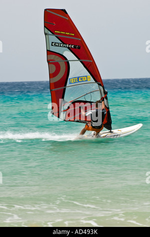 Windsurf sulla spiaggia di Sotavento, Fuerteventura, Isole Canarie, Spagna Foto Stock