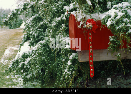 Grande cassetta postale rosso decorato per il Natale con le campane e archi nascosto in cedro nevoso sulla strada di campagna, Missouri USA Foto Stock