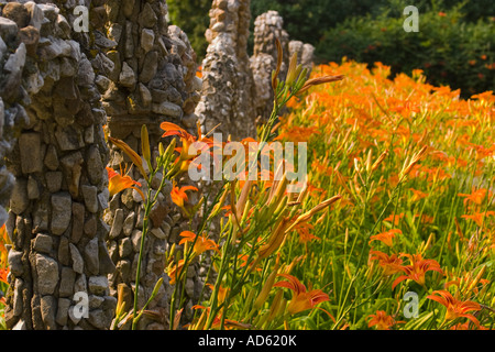 ILLINOIS Arcola strutture di roccia e fiori a Giardini Rockome orange giorno fioritura dei gigli Foto Stock