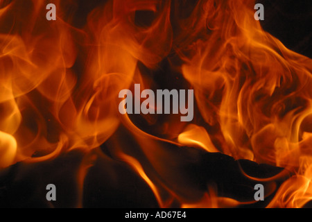 Fiamme di fuoco da un tronco di legno fuoco ardente Foto Stock