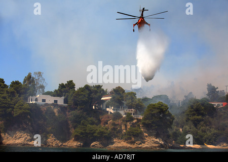 Grecia Sporadi isola Skiathos combattendo contro un bosco selvatico fuoco su 12 Luglio 2007 Foto Stock