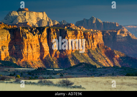 La luce del tramonto attraverso nuvole temporalesche sulle rocce rosse vicino a Lee Valley Kolob Sezione Zion National Park nello Utah Foto Stock