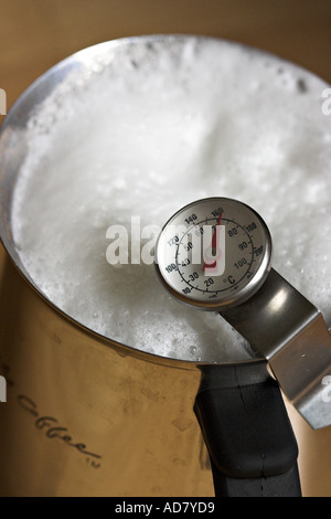 Schiuma di latte in un acciaio inossidabile brocca con un termometro la lettura di 160 gradi Fahrenheit sullo sfondo di legno duro Foto Stock