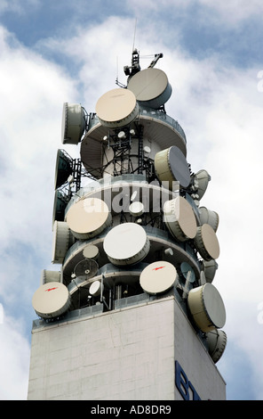 I dispositivi di comunicazioni sulla parte superiore del BT Tower a Birmingham REGNO UNITO Foto Stock