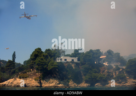 Grecia Sporadi isola Skiathos combattendo contro un bosco selvatico fuoco su 12 Luglio 2007 Foto Stock