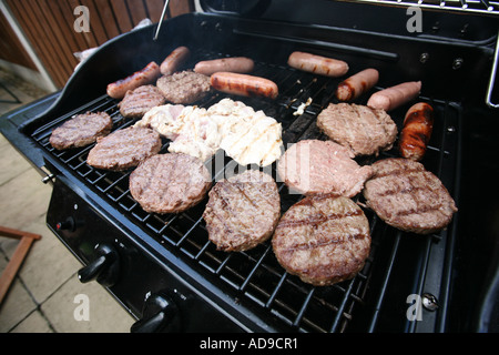 Vari tipi di carne cotti su un gas powered barbecue. Foto Stock