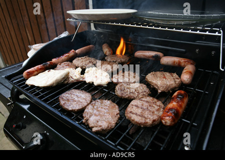 Vari tipi di carne cotti su un gas powered barbecue. Foto Stock