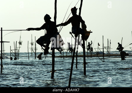 Weligama pescatori tradizionali su palafitte nel surf dell'Oceano Indiano al largo della costa meridionale dell'isola Foto Stock