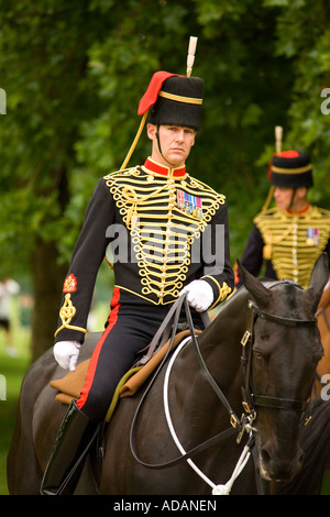 Il re di truppa cavallo Royal Artillery eseguendo una pistola salutate in Hyde Park Londra Foto Stock