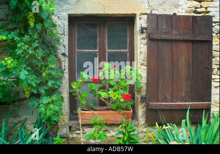 Vecchia casa colonica francese con gerani in Window box. Foto Stock