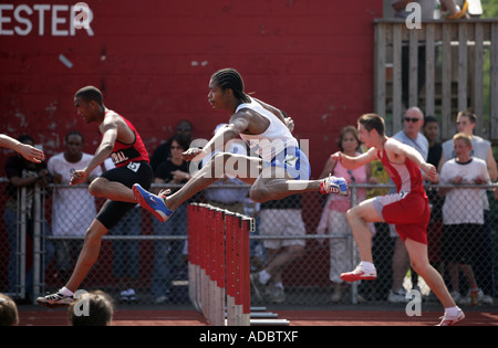 Hurdlers durante lo stato del Connecticut Open Track Meet USA Foto Stock