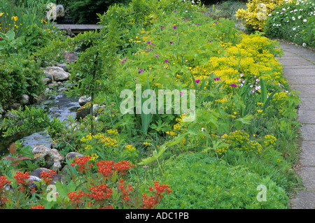 Margine di acqua piantagione, Stream, Percorso, Euphorbia, geranio ,il giardino delle farfalle, Pensthorpe, Norfolk Foto Stock