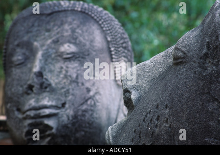 Statue di Buddha capi in Ayutthaya tempio città della Thailandia Foto Stock